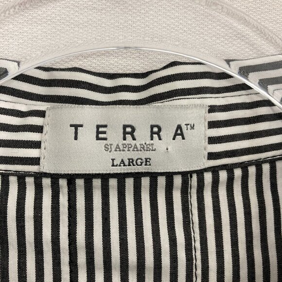 Terra Black White Striped Pockets Preppy Cotton Relaxed Popover Top Large - Picture 2 of 10